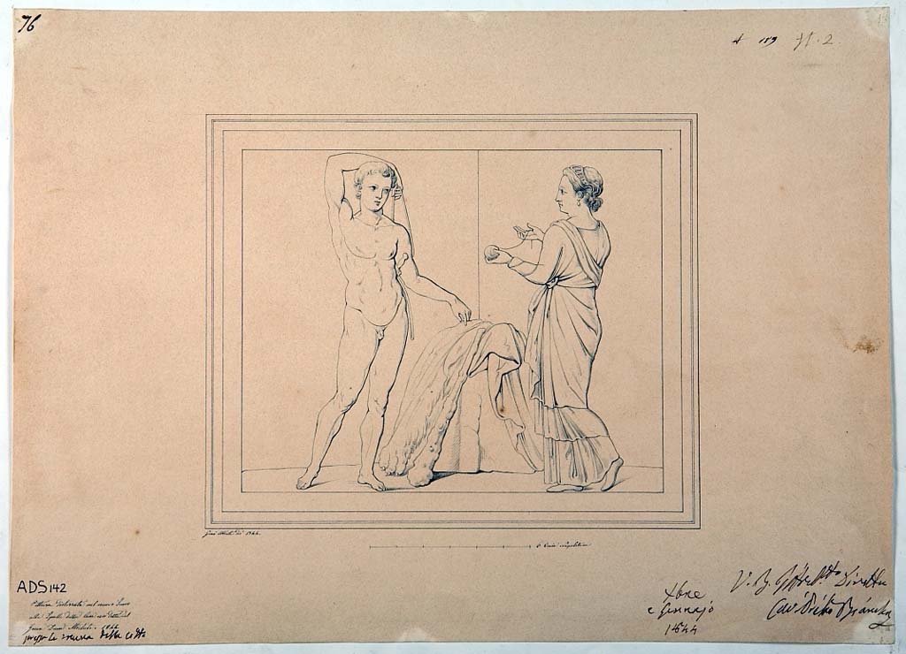 VI.5.3 Pompeii. Room 20. Drawing by Giuseppe Abbate, 1844, of painting of Arianna giving the thread to Theseus, painting now faded and more or less disappeared.
Now in Naples Archaeological Museum. Inventory number ADS 142.
Photo � ICCD. http://www.catalogo.beniculturali.it
Utilizzabili alle condizioni della licenza Attribuzione - Non commerciale - Condividi allo stesso modo 2.5 Italia (CC BY-NC-SA 2.5 IT)
