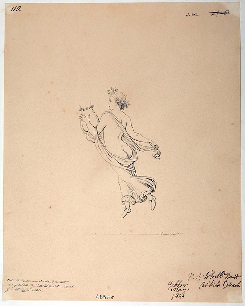 VI.5.3 Pompeii. Drawing by Giuseppe Abbate, 1844, floating figure with lyre, see no. 1933 as described by Helbig. 
Now in Naples Archaeological Museum. Inventory number ADS 145.
Photo � ICCD. http://www.catalogo.beniculturali.it
Utilizzabili alle condizioni della licenza Attribuzione - Non commerciale - Condividi allo stesso modo 2.5 Italia (CC BY-NC-SA 2.5 IT)
