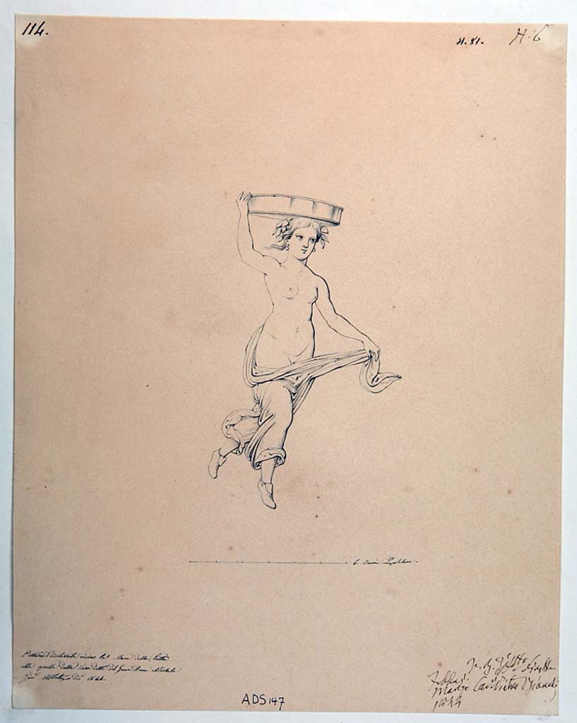 VI.5.3 Pompeii. Drawing by Giuseppe Abbate, 1844, floating female figure, not listed by Helbig, but attributed to this room by Avellino�s description (BAN 1844).
Now in Naples Archaeological Museum. Inventory number ADS 147.
Photo � ICCD. http://www.catalogo.beniculturali.it
Utilizzabili alle condizioni della licenza Attribuzione - Non commerciale - Condividi allo stesso modo 2.5 Italia (CC BY-NC-SA 2.5 IT)

