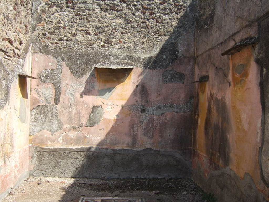 VI.5.5 Pompeii. September 2005. Triclinium to the left behind the peristyle, in the north-east corner. Looking east. 
Helbig identifies in this room: �Room to the left behind the peristyle, Polyphemus, 1047, Oedipus, 1155, Leda, 151�.
See Helbig, W., 1868. Wandgem�lde der vom Vesuv versch�tteten St�dte Campaniens. Leipzig: Breitkopf und H�rtel. (1047, 1155, 151).
According to PPM, the walls of this room are described as being painted in IV style, above the red zoccolo/dado/plinth it was dividied into panels separated by compartments with painted plants, the middle area of the wall was painted yellow, but the upper zone was faded and colour unrecognisable.
The flooring was cocciopesto, with a border of black and white mosaics enclosing a rectangular area, also of cocciopesto but inserted with tiles and chippings of coloured marble. 
See Carratelli, G. P., 1990-2003. Pompei: Pitture e Mosaici. 4.  Roma: Istituto della enciclopedia italiana. (p.329, 330)




