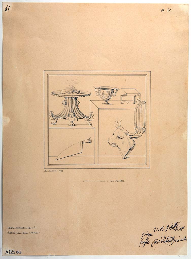 VI.5.5 Pompeii. 1844 drawing by Giuseppe Abbate showing instruments and elements relating to the sacrifice, including amongst others, the cup, the knife and the head of the ox. (Helbig 1774).
Now in Naples Archaeological Museum. Inventory number ADS 152.
Photo � ICCD. http://www.catalogo.beniculturali.it
Utilizzabili alle condizioni della licenza Attribuzione - Non commerciale - Condividi allo stesso modo 2.5 Italia (CC BY-NC-SA 2.5 IT)
