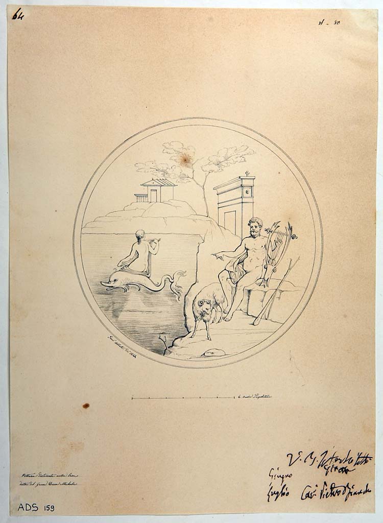 VI.5.5 Pompeii. Pen and ink drawing of Polyphemus and Galatea, by Giuseppe Abbate (1844), from south wall of triclinium. 
Now in Naples Archaeological Museum. Inventory number ADS 159.
Photo � ICCD. http://www.catalogo.beniculturali.it
Utilizzabili alle condizioni della licenza Attribuzione - Non commerciale - Condividi allo stesso modo 2.5 Italia (CC BY-NC-SA 2.5 IT)

