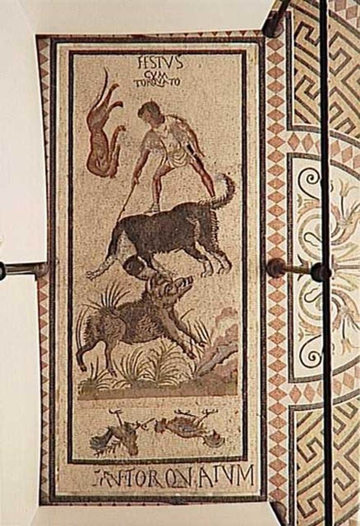 VI.5.10 Pompeii. Floor mosaic found in room near peristyle, reported in PAH I, 3, 12 on 14th January 1809.  Mosaic of the hunt - Festus cum Torquato. Now in the musee Conde at the Chateau de Chantilly, France. Photograph courtesy of musee Conde, photo RMN � R G Ojeda.
