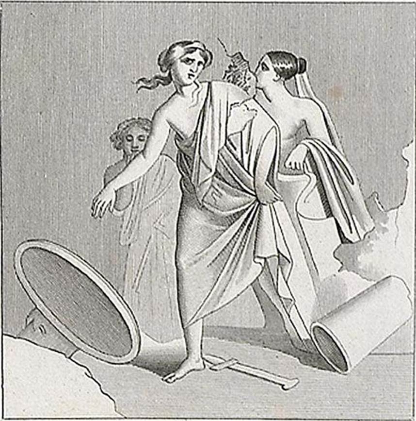 VI.5.13 Pompeii. 1824 drawing of painting of Achilles on Skyros, from the atrium.
See Mazois, F., 1824. Les Ruines de Pompei: Second Partie. Paris: Firmin Didot. (Pl. 43)
See Helbig, W., 1868. Wandgemälde der vom Vesuv verschütteten Städte Campaniens. Leipzig: Breitkopf und Härtel. (1299).
