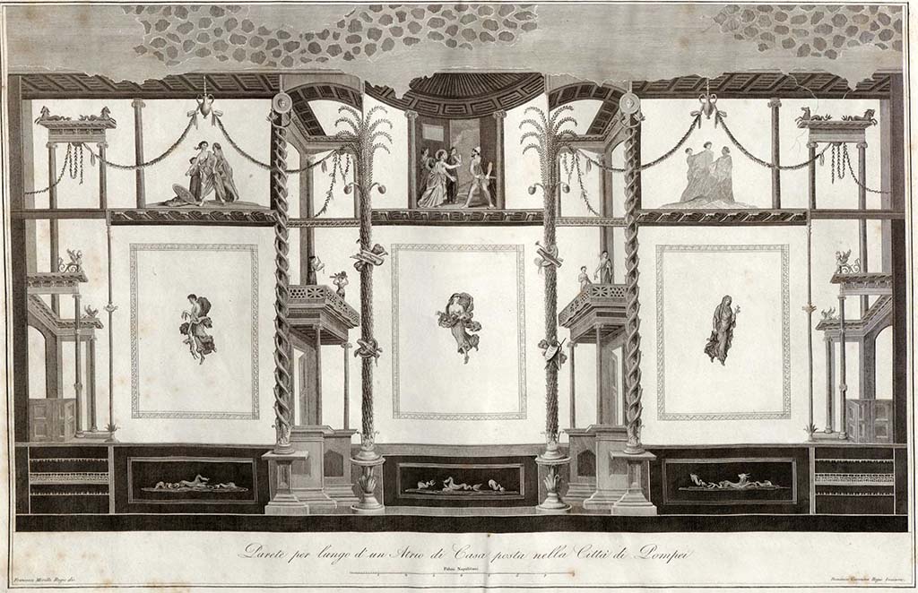 VI.5.13 Pompeii. 1838 painting by F. Morelli of atrium wall.
See Gli ornati delle pareti ed i pavimenti delle stanze dell'antica Pompei incisi in rame: 1838, p. 6, pl. 67.
