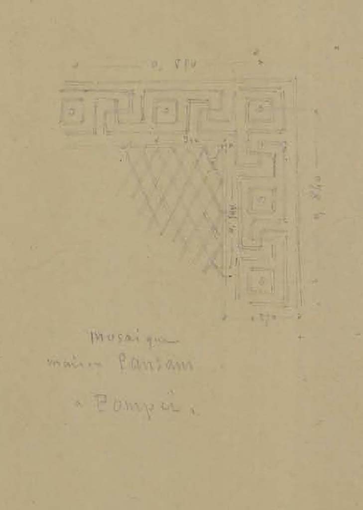 VI.6.1 Pompeii. Sketch by Lesueur, described as "Mosa�que, Maison Pansam a Pompei".
See Lesueur, Jean-Baptiste Ciceron. Voyage en Italie de Jean-Baptiste Ciceron Lesueur (1794-1883), pl. 40.
See Book on INHA reference INHA NUM PC 15469 (04)  � Licence Ouverte / Open Licence � Etalab
