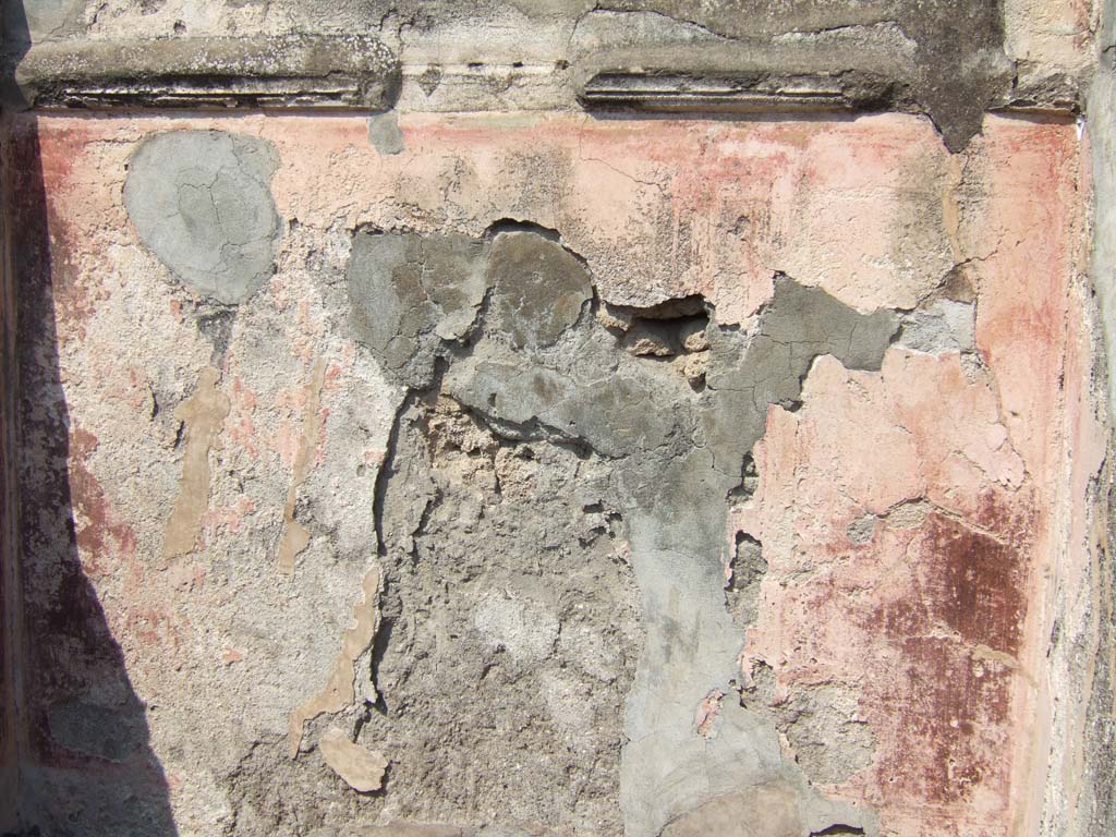 VI.7.3 Pompeii. September 2005. Room 3, north wall with remains of violet painted plaster and cornice of moulded stucco.