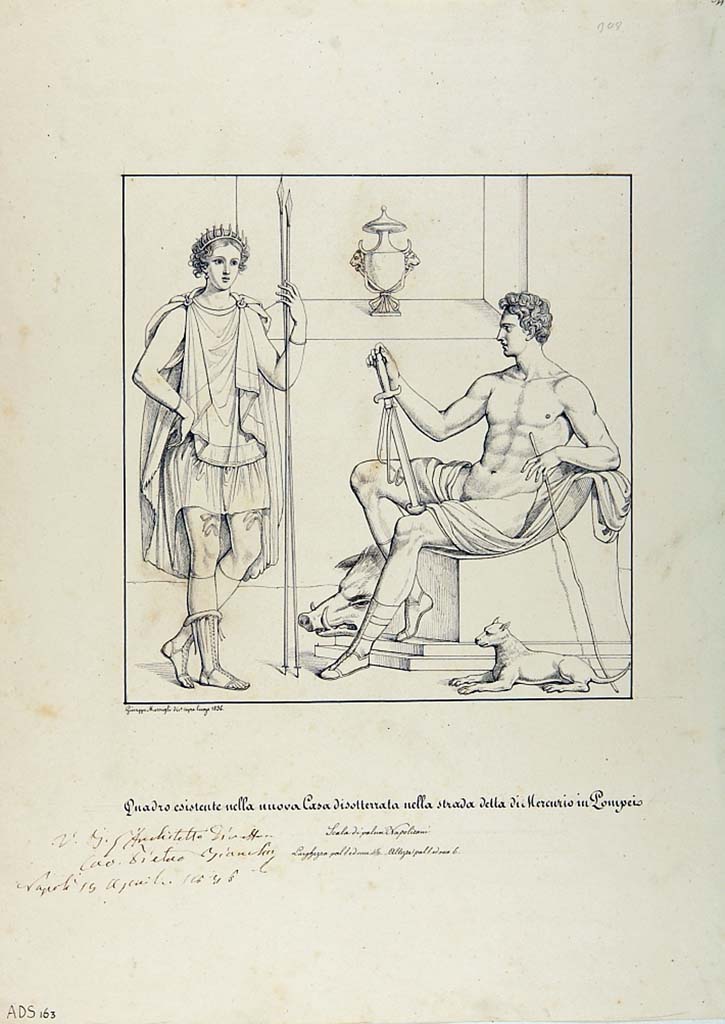 VI.7.3 Pompeii. Pen and ink drawing by Giuseppe Marsigli, 1836, showing Artemis with a hunting companion.
Now in Naples Archaeological Museum. Inventory number ADS 163.
Photo © ICCD. http://www.catalogo.beniculturali.it
Utilizzabili alle condizioni della licenza Attribuzione - Non commerciale - Condividi allo stesso modo 2.5 Italia (CC BY-NC-SA 2.5 IT)