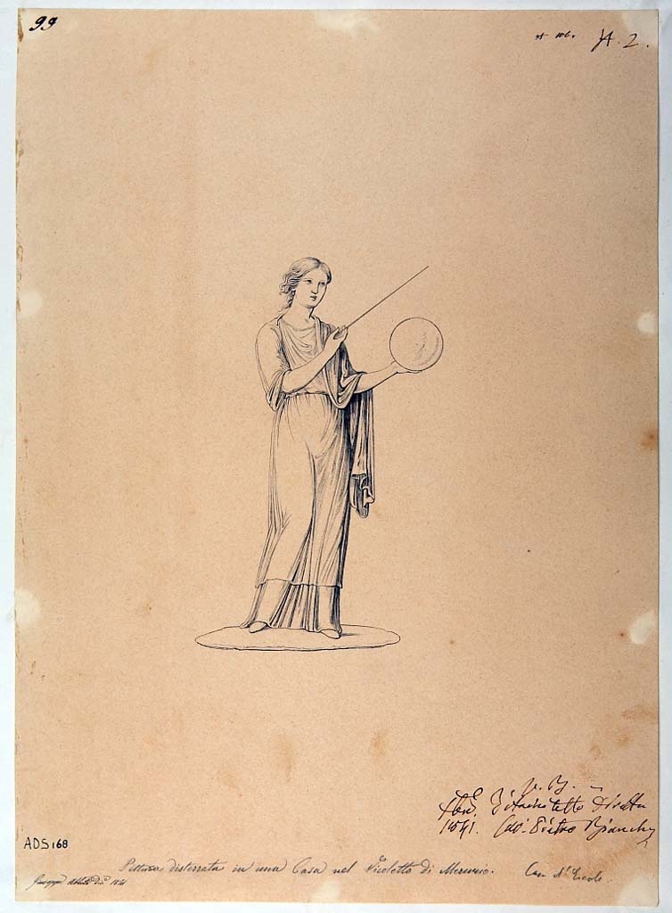 VI.7.6 Pompeii. Room 10, pen and ink drawing by Giuseppe Abbate, 1841, showing the Muse Urania (Helbig 892). 
Due to the deterioration of the painted plaster it is not possible to find the actual location of this painted panel.
Now in Naples Archaeological Museum. Inventory number ADS 168.
Photo � ICCD. http://www.catalogo.beniculturali.it
Utilizzabili alle condizioni della licenza Attribuzione - Non commerciale - Condividi allo stesso modo 2.5 Italia (CC BY-NC-SA 2.5 IT)
