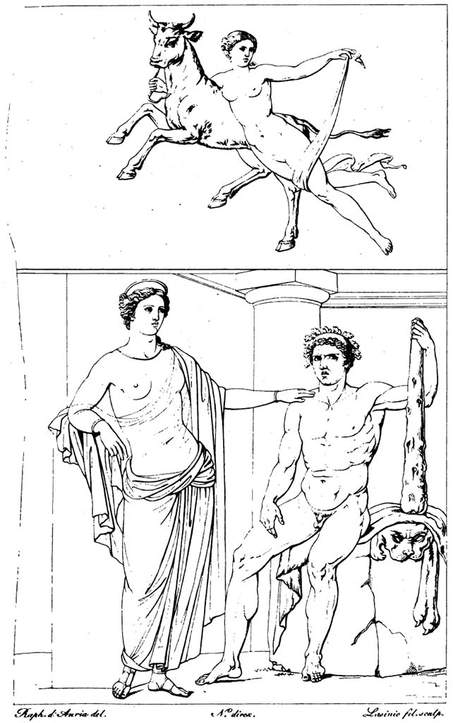 VI.7.6 Pompeii. Pre-1827 drawing of wall paintings, according to RMB found in the same room. 
Drawing of a young woman holding onto the neck of a bull, (top).
According to RMB, this painting was found in the centre of the wall opposite the lower drawing.
It was thought to be an interpretation of Jupiter kidnapping Europa, (Europa on the bull) but in this painting it was recognised as a Bacchante celebrating with the Dionysian bull. 
Drawing of wall painting of Hercules and Iole, (lower).
According to RMB, this painting came from a room of a small house behind the Crypt of the Building of Eumachia.
It shows Hercules crowned with oak sitting on a lion�s skin, holding his club, with Iole. 
See Real Museo Borbonico: Vol. III, 1827, Tav. XIX.
(Note, the description of the house as being from a house behind the Crypt of Eumachia�s building, would seem to locate it as from VII.9.60/63.
That location also provided a drawing of a painting of Europa on the bull, which seems very similar. However, in that room is no mention of Hercules and Iole.
In this house, VI.7.6, there is mention of a painting of Hercules and Iole on the east wall of the triclinium, but no mention of Europa or a Bacchante.)
