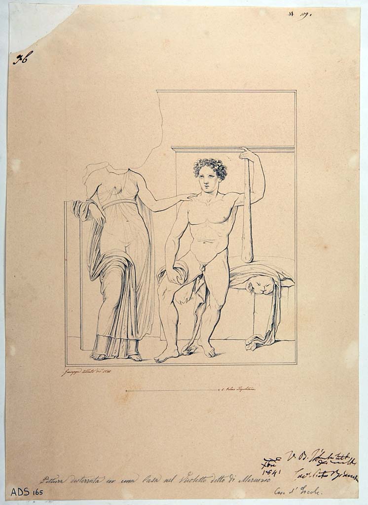 VI.7.6 Pompeii. Room 10, east wall of triclinium. Drawing by Giuseppe Abbate (1841-1842) showing Hercules and Omphale. (Helbig 1148). 
Now in Naples Archaeological Museum. Inventory number ADS 165.
Photo � ICCD. http://www.catalogo.beniculturali.it
Utilizzabili alle condizioni della licenza Attribuzione - Non commerciale - Condividi allo stesso modo 2.5 Italia (CC BY-NC-SA 2.5 IT)
