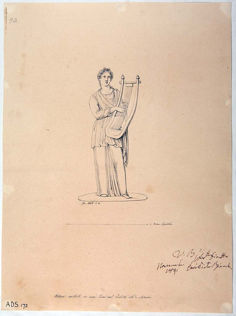 VI.7.6 Pompeii. Room 10, east wall of triclinium. Drawing by Giuseppe Abbate, 1841, showing the Muse, Terpsichore, with zither. (Helbig 870)
Now in Naples Archaeological Museum. Inventory number ADS 172.
Photo � ICCD. http://www.catalogo.beniculturali.it
Utilizzabili alle condizioni della licenza Attribuzione - Non commerciale - Condividi allo stesso modo 2.5 Italia (CC BY-NC-SA 2.5 IT)

