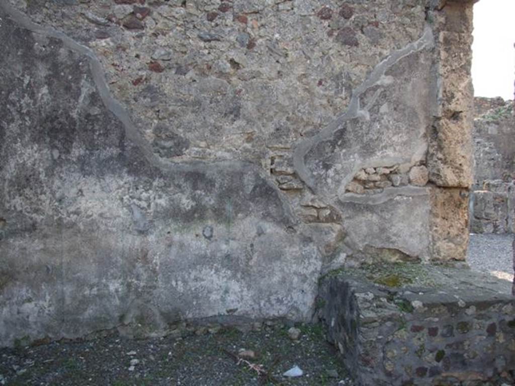 VI.7.6 Pompeii. March 2009. Room 14. West wall, with remains of site of staircase to upper floor.