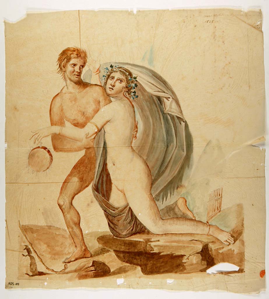 VI.7.18 Pompeii. Watercolour by Antonio Ala, 16th August 1836, showing south wall of oecus/cubiculum with central painting of Satyr and Maenad.
Now in Naples Archaeological Museum. Inventory number ADS 185.
Photo © ICCD. http://www.catalogo.beniculturali.it
Utilizzabili alle condizioni della licenza Attribuzione - Non commerciale - Condividi allo stesso modo 2.5 Italia (CC BY-NC-SA 2.5 IT)
