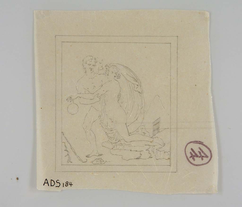 VI.7.18 Pompeii. Drawing by Antonio Ala of central painting of Satyr and Maenad from south wall of oecus/cubiculum.
Now in Naples Archaeological Museum. Inventory number ADS 184.
Photo © ICCD. http://www.catalogo.beniculturali.it
Utilizzabili alle condizioni della licenza Attribuzione - Non commerciale - Condividi allo stesso modo 2.5 Italia (CC BY-NC-SA 2.5 IT)
