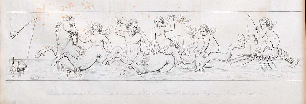 VI.7.18 Pompeii. Pre-October 1852. 
Drawing by Zahn found on a black background in a panel of the predella above the zoccolo below the central painting of the east wall.
(Either the anonymous painting above or this one, would seem to have been reversed).
See Zahn, W., 1842-44. Die schönsten Ornamente und merkwürdigsten Gemälde aus Pompeji, Herkulanum und Stabiae: II. Berlin: Reimer, taf. 45.
