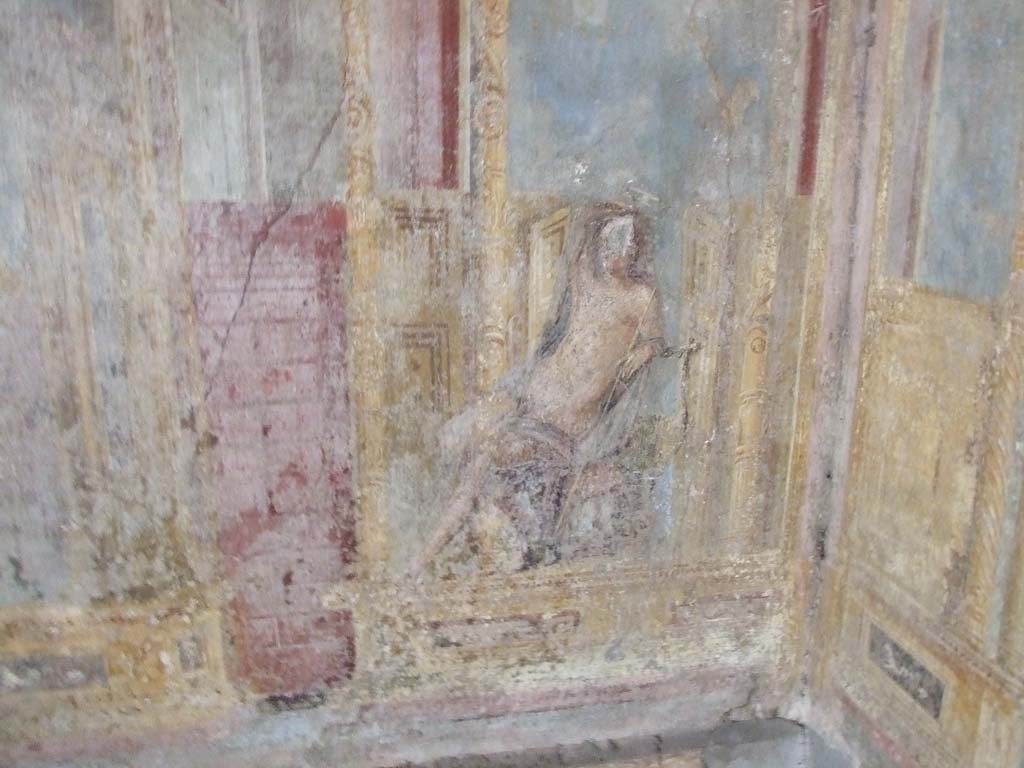 VI.7.23 Pompeii. December 2006. Cubiculum. South alcove, south wall. According to Caso, this is Apollo seated.
See Caso L., in Rivista di Studi Pompeiani III, 1989, p. 112.