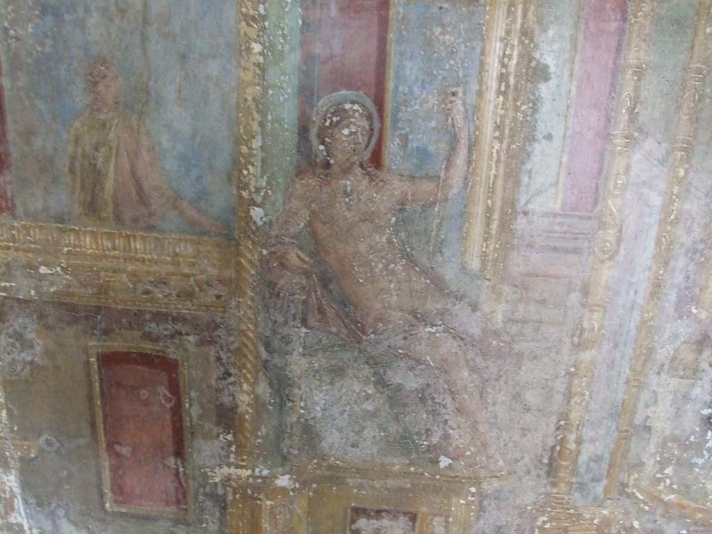 VI.7.23 Pompeii. December 2006. Cubiculum. West alcove, west wall.
According to Caso, on the left is a female figure leaning from a balcony. Seated is Hesperus.
According to E. Winsor Leach this may be Phaeton.
See Caso L., in Rivista di Studi Pompeiani III, 1989, p. 112.