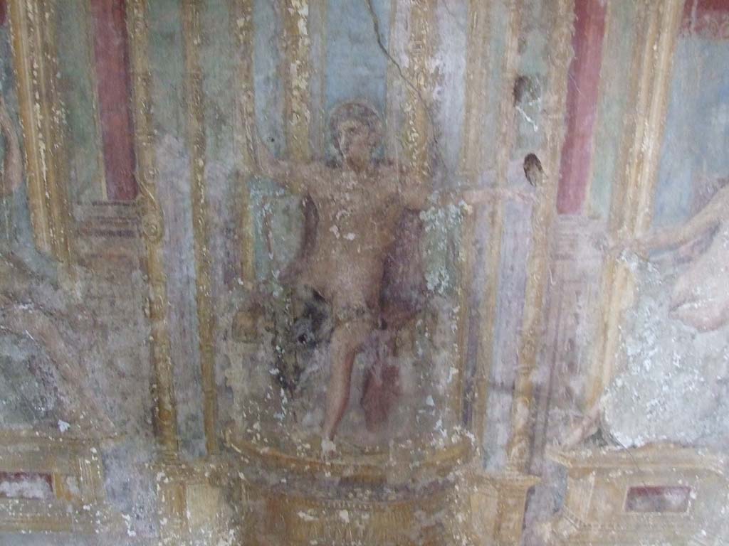 VI.7.23 Pompeii. December 2006. Cubiculum. West alcove, west wall.
According to Caso, this is Apollo-Phoebus or Libero- Bacchus-Sole.
According to E. Winsor Leach this is Apollo in throne room of the palace of the sun.
See Caso L., in Rivista di Studi Pompeiani III, 1989, p. 112.