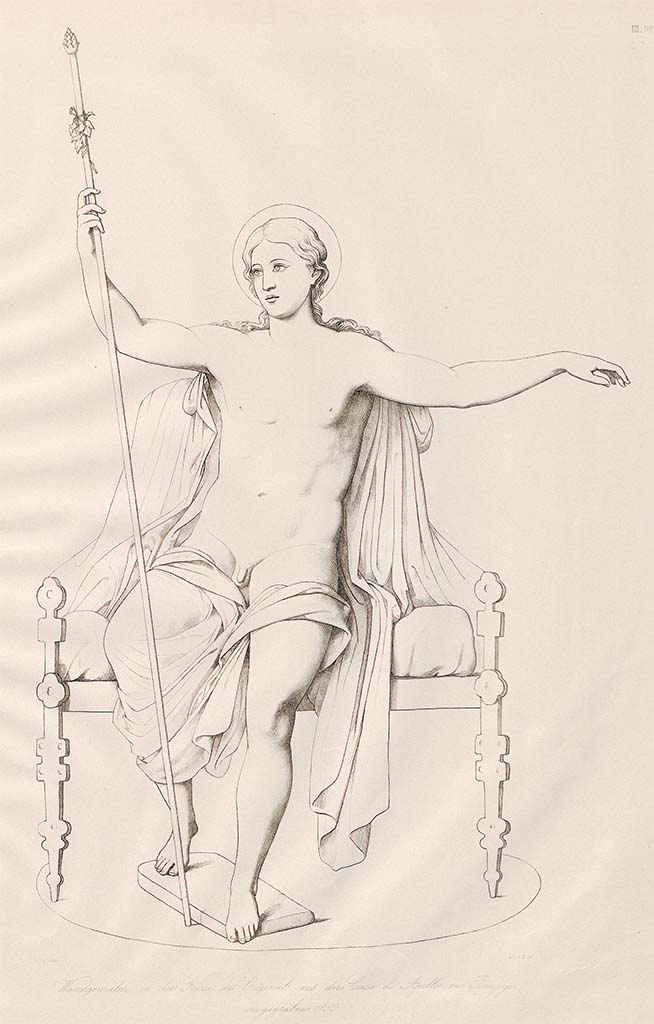 VI.7.23 Pompeii. Pre-September 1859 drawing by Zahn.
According to Zahn this was of Bacchus on throne.
See Zahn, W., 1852-59. Die schönsten Ornamente und merkwürdigsten Gemälde aus Pompeji, Herkulanum und Stabiae: III. Berlin: Reimer, taf. 92.