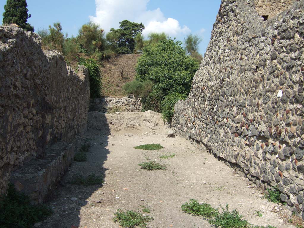 VI.5 Pompeii, on left. September 2005. Vicolo della Fullonica, looking north to city walls. Rear wall of VI.7.23, on right.