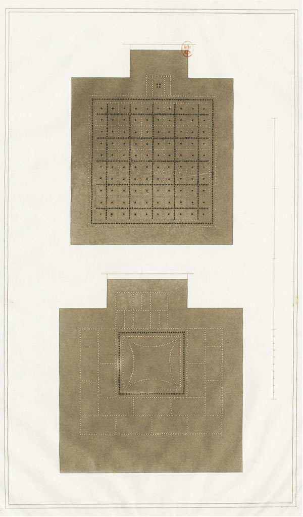 VI.8.3/5 Pompeii. c.1828. Drawings if details of mosaic floors, upper – from room 16, lower – from room 15. 
See Raoul Rochette et Bouchet J., 1828. Choix d'Edifices Inédits : Maison du Poète Tragique. Paris, pl 21. Mosaique des pieces marque 14 et 15 sur le plan
