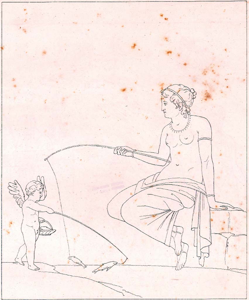 VI.8.3/5 Pompeii. c.1828.  Room 15, drawing by Zahn of Venus fishing, from north wall.
See Zahn W. Neu entdeckte Wandgemälde in Pompeji gezeichnet von W. Zahn [ca. 1828], taf. 18.