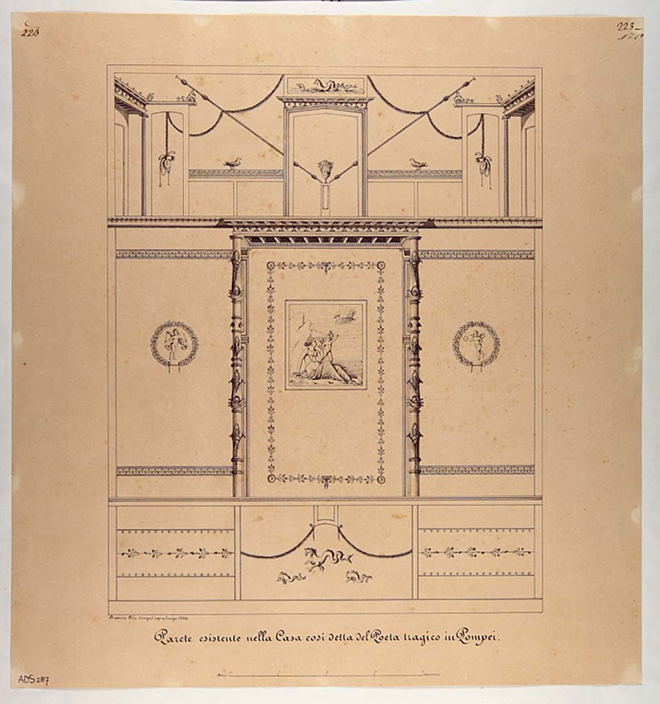 VI.8.3 Pompeii. Room 15, south wall. Pen and ink drawing by Antonio Ala, 1846, showing south wall with central painting of Ariadne abandoned. 
Now in Naples Archaeological Museum. Inventory number ADS 287.
Photo © ICCD. http://www.catalogo.beniculturali.it
Utilizzabili alle condizioni della licenza Attribuzione - Non commerciale - Condividi allo stesso modo 2.5 Italia (CC BY-NC-SA 2.5 IT)
