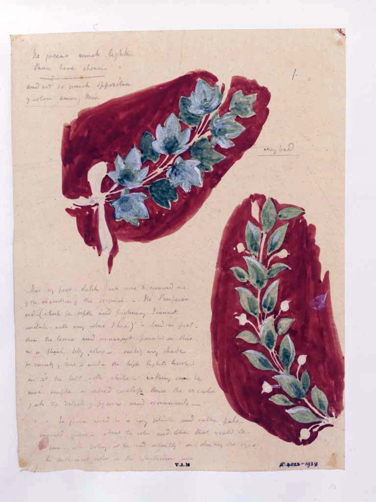 VI.8.3 Pompeii, c.1840. Painting by James William Wild.
Room 15, detail of garlands surrounding the medallions with cupids.
Photo © Victoria and Albert Museum, inventory number E.4023-1938.

