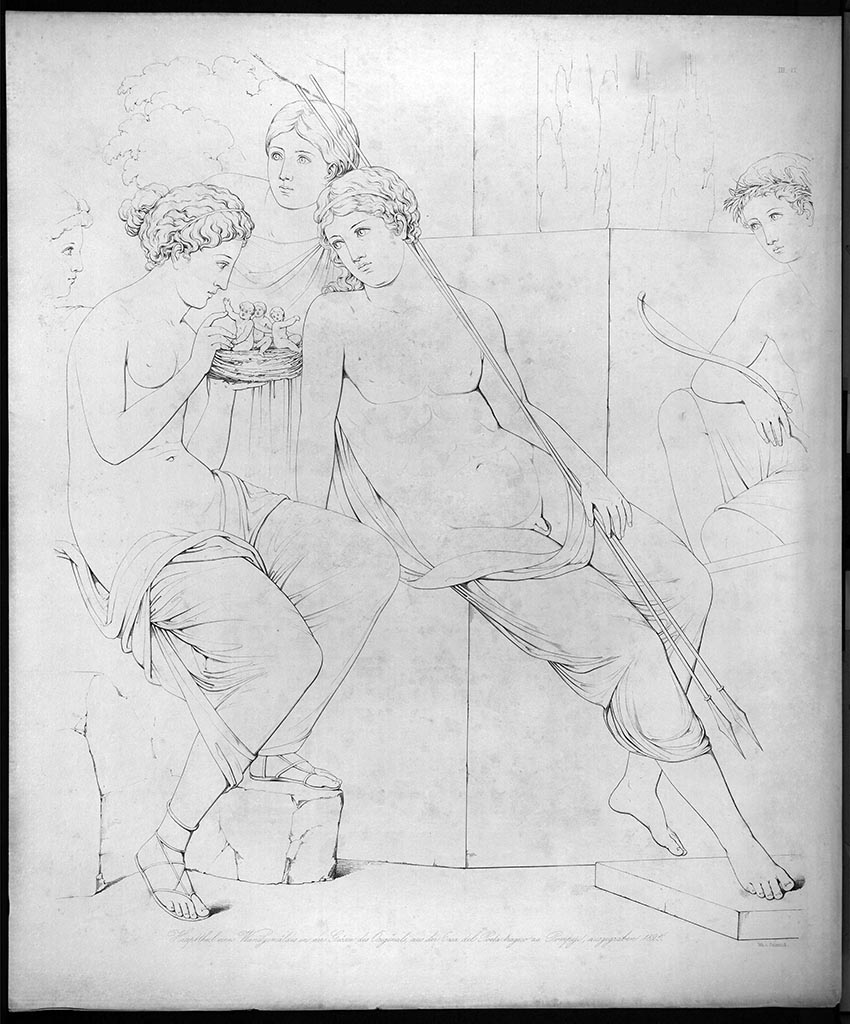 VI.8.3/5 Pompeii. 1825. Room 12, north wall. Leda and Tyndareus from The House of the Tragic Poet by Wilhelm Zahn. 
Drawing by Zahn published in 1828.
According to Mary Harrsch, “Zahn drew the fresco in 1825, shortly after excavators revealed it. Of all of the suggested interpretations, I think "Leda and Tyndareus" probably matches it better than "Aphrodite offering a nest of cupids to Adonis" as the children in the nest do not have wings (based on Zahn's drawing) and Adonis is merely a beautiful youth, not a warrior who would be cradling two spears (shown in Zahn's drawing). The fact there is only three children in the nest and not four is puzzling but I think they may represent the three mortal children Leda bore while the second spear may represent Pollux, the only immortal warrior that resulted from the union of Leda and Zeus.” 
Our thanks to Mary Harrsch for helping us with this.
See Zahn, W., 1828-29. Die schönsten Ornamente und merkwürdigsten Gemälde aus Pompeji, Herkulanum und Stabiae: III. Berlin: Reimer, Taf. III.17.
