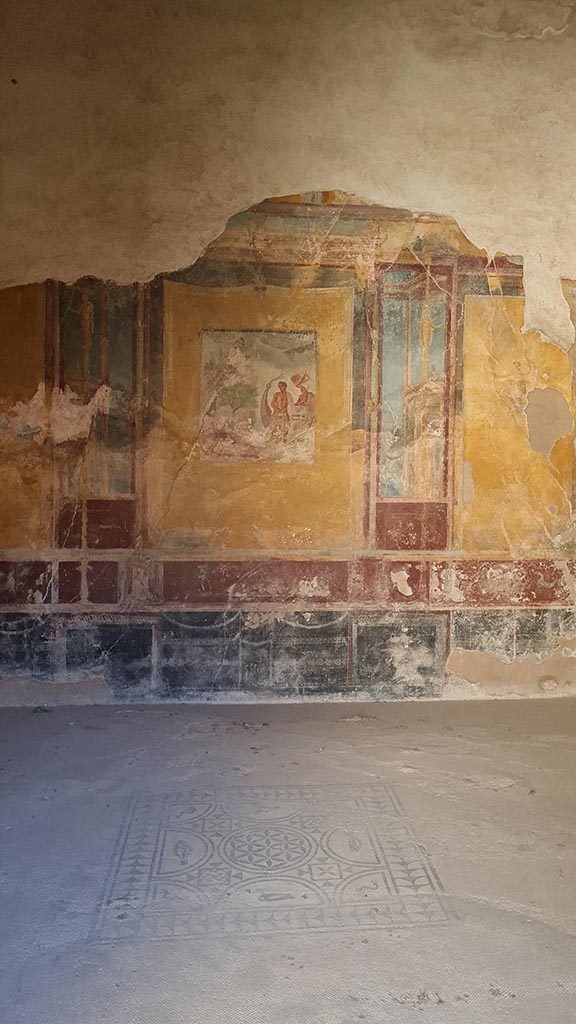 VI.8.3/5 Pompeii. October 2024.
Room 12, looking east across central emblema in floor towards east wall of dining room. 
Photo courtesy of Giuseppe Ciaramella.
