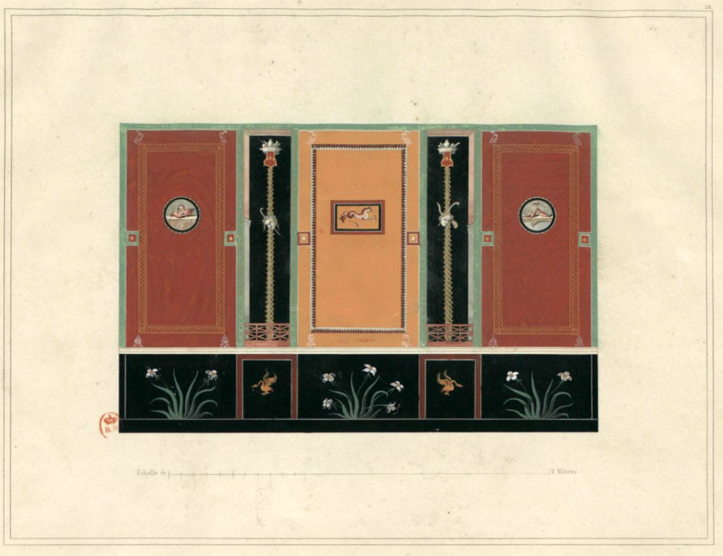 VI.8.3/5 Pompeii. c.1828. Room 14, painted wall. 
See Raoul Rochette et Bouchet J., 1828. Choix d'Edifices Inédits : Maison du Poète Tragique. Paris, pl 12. (Chambre 21).

