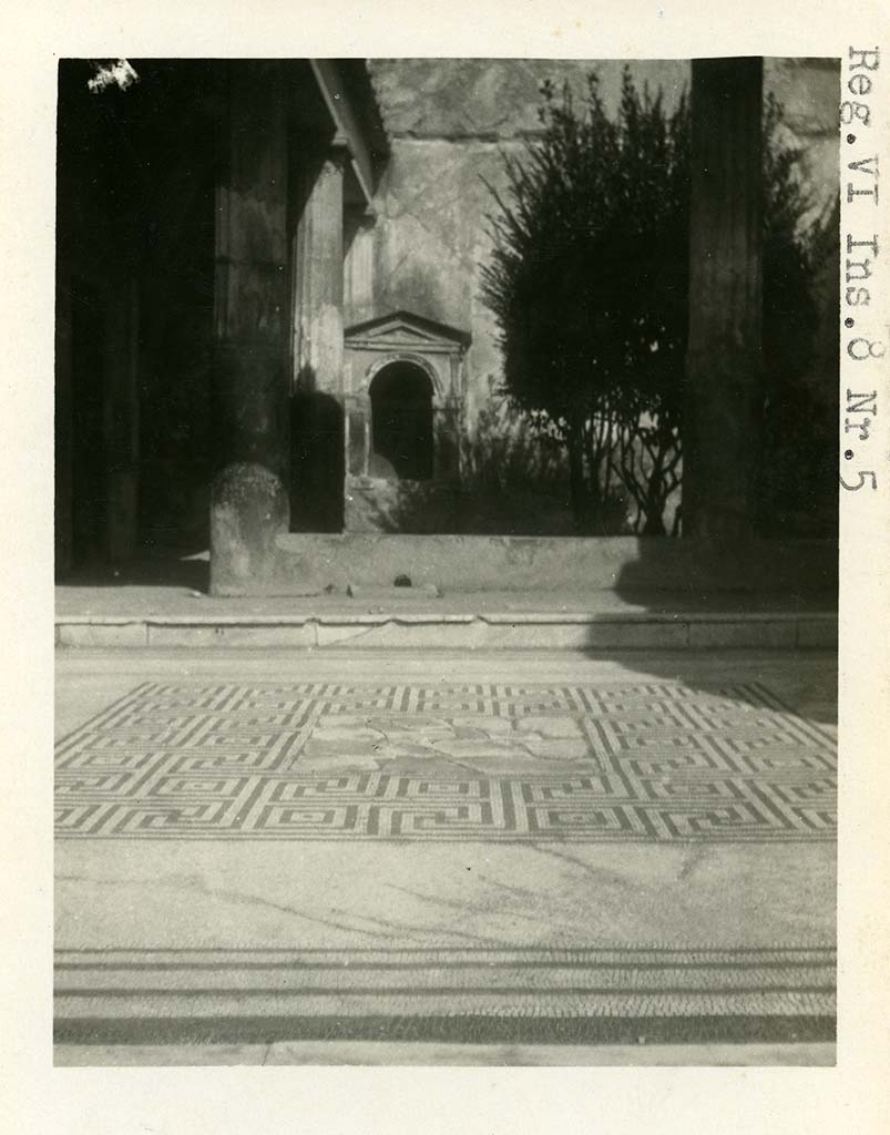 VI.8.5 Pompeii. Pre-1937-1939. Looking north across mosaic tablinum floor towards peristyle.
Photo courtesy of American Academy in Rome, Photographic Archive. Warsher collection no. 426.

