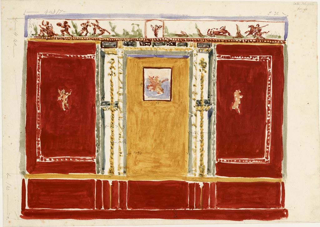 VI.8.5 Pompeii. Painting by Gottlieb Bindesb�ll (1800-1856) of wall in Room 9, cubiculum.
Photo � Danmarks Kunstbibliotek inv. no. ark_7138.
