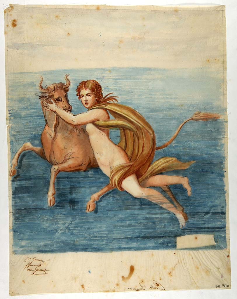 VI.8.5 Pompeii. Room 9, south wall of cubiculum. Painting by Giuseppe Marsigli, showing Europa on the Bull, from the central yellow panel. 
Now in Naples Archaeological Museum. Inventory number ADS 265.
The image on the ICCD database is reversed from those shown in two drawings by Zahn.
The three signatures are also reversed when compared with ADS 264 (below).
Consequently we have flipped this painting so that the subject aligns with the drawings of Zahn and the signatures align with ADS 264.
Photo � ICCD. https://www.catalogo.beniculturali.it
Utilizzabili alle condizioni della licenza Attribuzione - Non commerciale - Condividi allo stesso modo 2.5 Italia (CC BY-NC-SA 2.5 IT)
