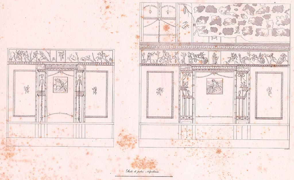 VI.8.5 Pompeii. c.1828. Room 9, drawing by Zahn of south wall, on left, and west wall, on right.
See Zahn W. Neu entdeckte Wandgem�lde in Pompeji gezeichnet von W. Zahn [ca. 1828], taf. 9. 

