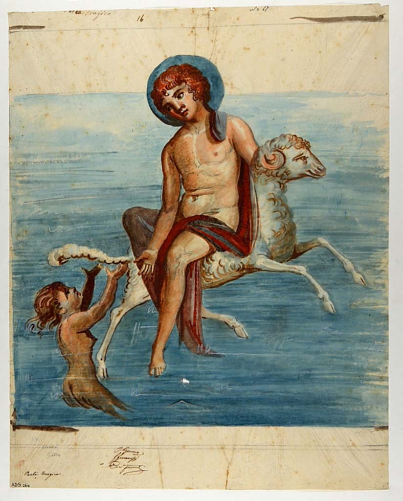 VI.8.5 Pompeii. Room 9, west wall of cubiculum. Painting by Giuseppe Marsigli, showing Phryxus and Helle from the central yellow panel. 
Now in Naples Archaeological Museum. Inventory number ADS 264.
Photo � ICCD. http://www.catalogo.beniculturali.it
Utilizzabili alle condizioni della licenza Attribuzione - Non commerciale - Condividi allo stesso modo 2.5 Italia (CC BY-NC-SA 2.5 IT)
