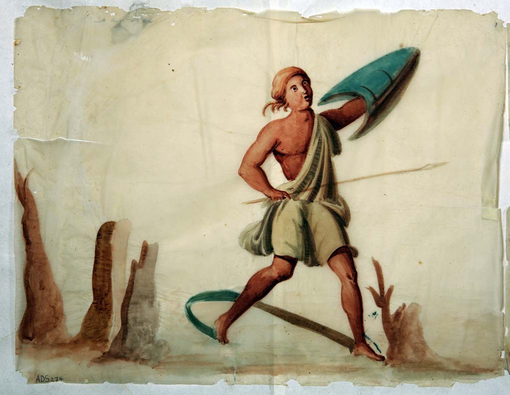 VI.8.5 Pompeii. Room 9, pencil/crayon and watercolour paintings from frieze from upper wall of cubiculum, found on the left side of the Venus Pompeiana (on a long wall).
These paintings were preserved on two walls (south and west) and only part on a third and were separated on the south and west wall by paintings of a cupid and Venus Pompeiana. 
They were left in situ, and now are totally faded and lost, the only record being these paintings by an anonymous painter.
It is thought they were probably made by Giuseppe Marsigli, who painted in this house at the time they were discovered.
See Helbig, W., 1868. Wandgem�lde der vom Vesuv versch�tteten St�dte Campaniens. Leipzig: Breitkopf und H�rtel, (1250).
Now in Naples Archaeological Museum. Inventory number ADS 274a.
Photo � ICCD. http://www.catalogo.beniculturali.it
Utilizzabili alle condizioni della licenza Attribuzione - Non commerciale - Condividi allo stesso modo 2.5 Italia (CC BY-NC-SA 2.5 IT)
