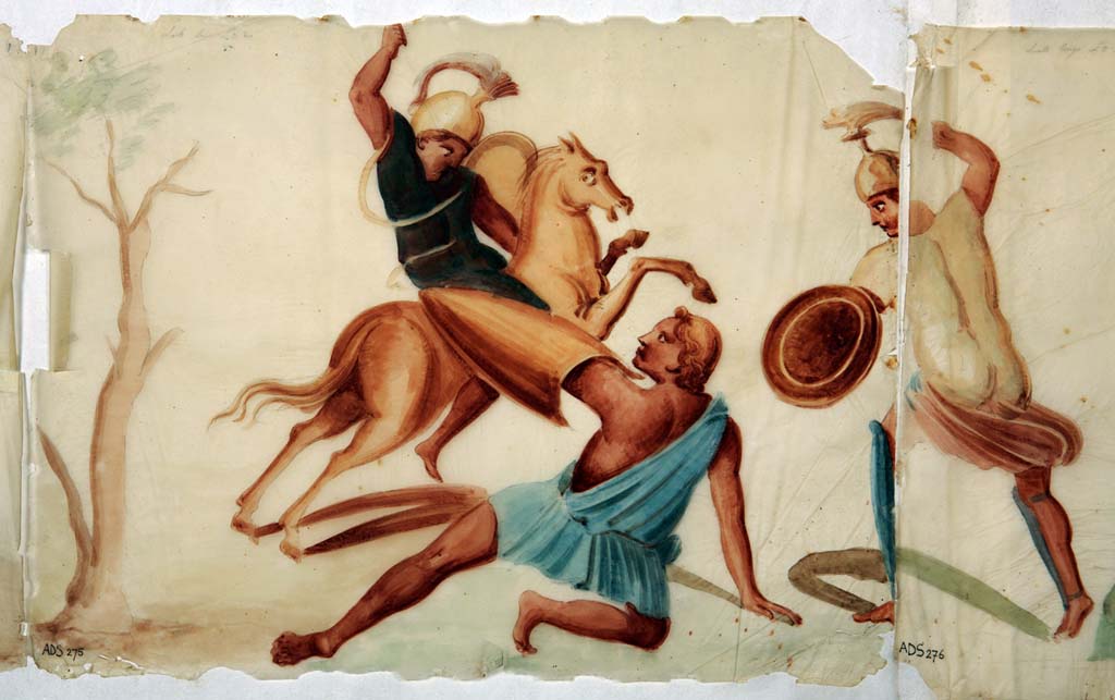 VI.8.5 Pompeii. Room 9, pencil/crayon and watercolour paintings from frieze from upper wall of cubiculum, found on the left side of the Venus Pompeiana.
Now in Naples Archaeological Museum. Inventory numbers ADS 275 and ADS 276.
Photo � ICCD. http://www.catalogo.beniculturali.it
Utilizzabili alle condizioni della licenza Attribuzione - Non commerciale - Condividi allo stesso modo 2.5 Italia (CC BY-NC-SA 2.5 IT)

