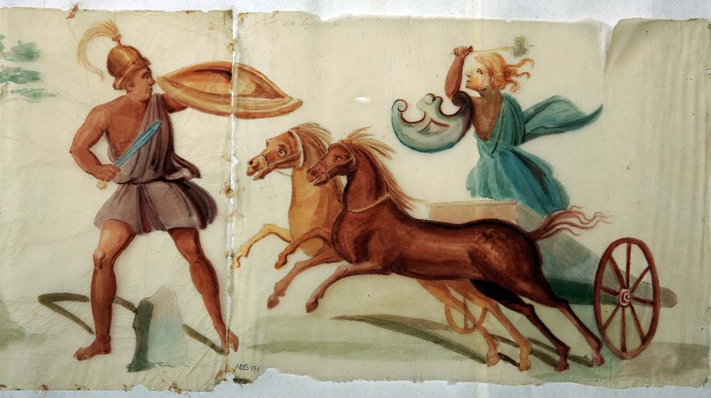 VI.8.5 Pompeii. Room 9, pencil/crayon and watercolour paintings from frieze from upper wall of cubiculum, found on the left side of the Venus Pompeiana.
Now in Naples Archaeological Museum. Inventory number ADS 277.
Photo � ICCD. http://www.catalogo.beniculturali.it
Utilizzabili alle condizioni della licenza Attribuzione - Non commerciale - Condividi allo stesso modo 2.5 Italia (CC BY-NC-SA 2.5 IT)
