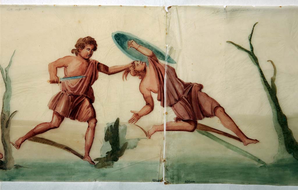 VI.8.5 Pompeii. Room 9, pencil/crayon and watercolour paintings from frieze from upper wall of cubiculum, found to the right of a cupid (on the short side of a wall).
Now in Naples Archaeological Museum. Inventory numbers ADS 283 and ADS 284.
Photo � ICCD. http://www.catalogo.beniculturali.it
Utilizzabili alle condizioni della licenza Attribuzione - Non commerciale - Condividi allo stesso modo 2.5 Italia (CC BY-NC-SA 2.5 IT)
