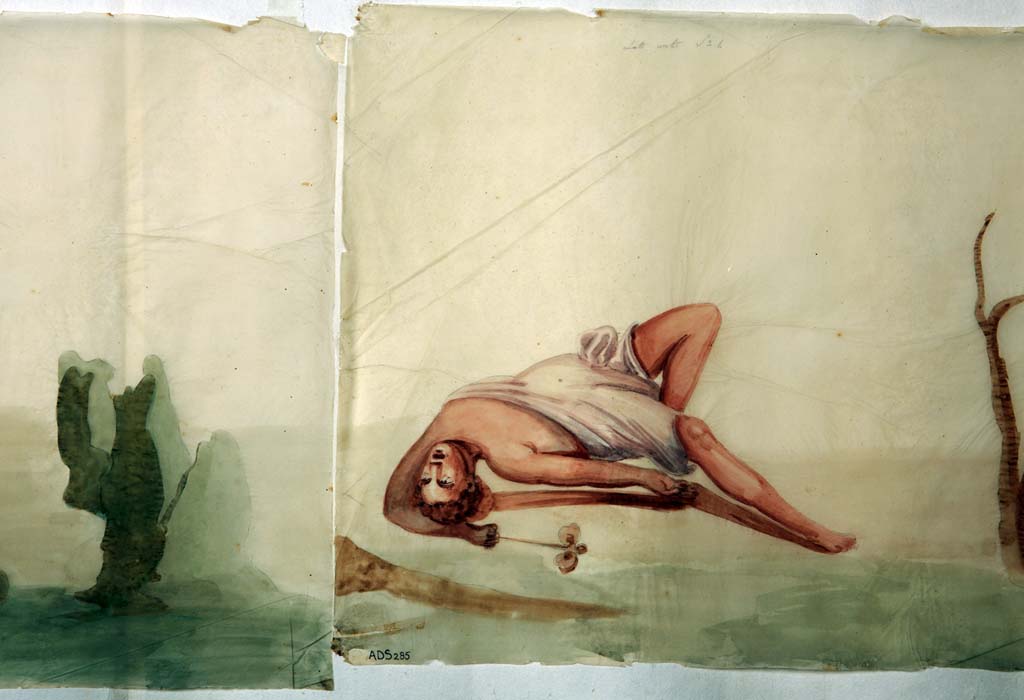 VI.8.5 Pompeii. Room 9, pencil/crayon and watercolour paintings from frieze from upper wall of cubiculum, found to the right of a cupid (on the short side of a wall).
Now in Naples Archaeological Museum. Inventory number ADS 285.
Photo � ICCD. http://www.catalogo.beniculturali.it
Utilizzabili alle condizioni della licenza Attribuzione - Non commerciale - Condividi allo stesso modo 2.5 Italia (CC BY-NC-SA 2.5 IT)
