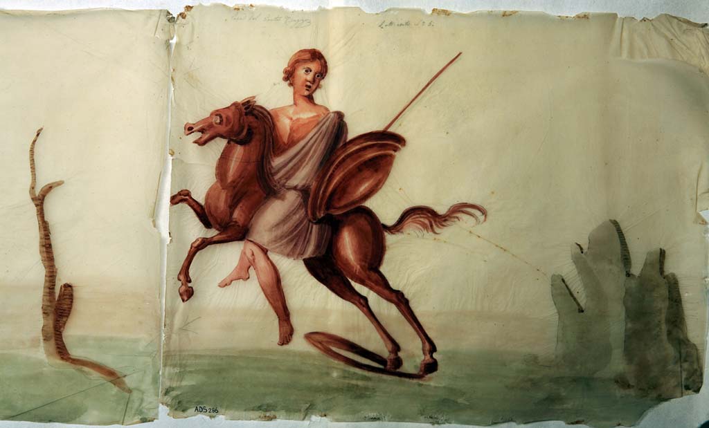 VI.8.5 Pompeii. Room 9, pencil/crayon and watercolour paintings from frieze from upper wall of cubiculum, found to the right of a cupid (on the short side of a wall).
Now in Naples Archaeological Museum. Inventory number ADS 286.
Photo � ICCD. http://www.catalogo.beniculturali.it
Utilizzabili alle condizioni della licenza Attribuzione - Non commerciale - Condividi allo stesso modo 2.5 Italia (CC BY-NC-SA 2.5 IT)
