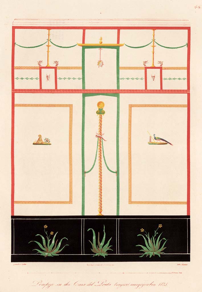 VI.8.5 Pompeii. Pre-1849. Painting by Zahn of wall in cubiculum.
See Zahn W., 1849. Ornamente aller klassischen Kunst-Epochen nach den Originalen in ihren eigenthümlichen Farben. Berlin: Reimer, Taf. 46.

