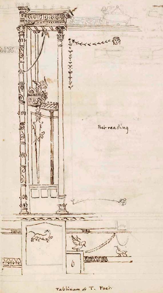 VI.8.5 Pompeii. c.1830. Drawing by Gell of east wall of tablinum on north side of central painting.
See Gell, W. Sketchbook of Pompeii, c.1830. 
See book from Van Der Poel Campanian Collection on Getty website http://hdl.handle.net/10020/2002m16b425
