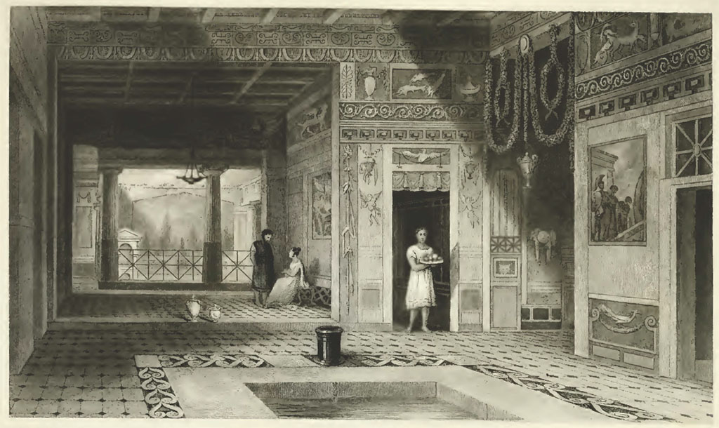 VI.8.5, Pompeii. 1832. The Poet's House Restored, view by William Gell 
"This restoration is calculated to afford an idea of the pleasing effect which even a moderately sized house, arranged in the manner of the ancients, is capable of producing. Nothing has been changed from the original drawing, Plate XXXVI., the lines having been traced from it by means of a pane of glass. The roof only has been added, which must have existed, and, probably, in a much more complicated and ornamented form than that here represented. The pendent ornaments are taken from a picture at Herculaneum. The light also has been thrown from the contrary side, which has contributed to the apparent change of the picture; and the sombre shades, contrasted with the partial lights of the impluvium and the peristyle, produce an effect scarcely credible by those who have only seen the habitation exposed to the glare of sunshine.".
See Gell, W, 1832. Pompeiana: Vol 2. London: Jennings and Chaplin, p. 96-7, plate XXXVII.
