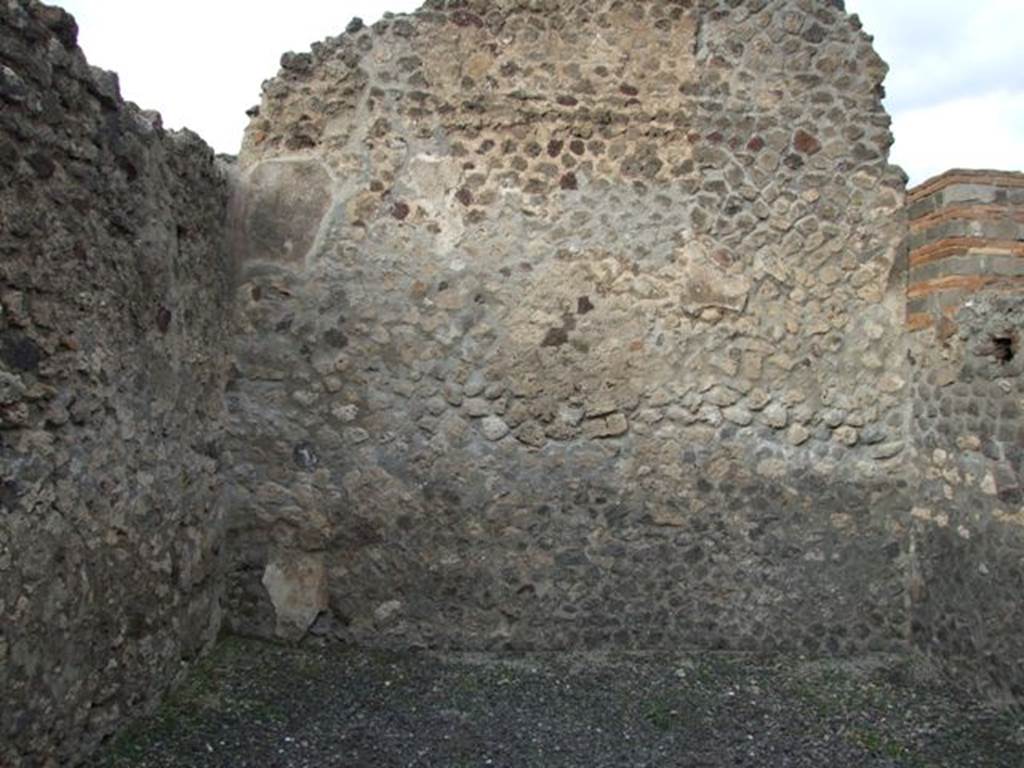 VI.8.11 Pompeii. December 2007. North wall of rear room. According to Eschebach, on the right would have been the base of the stairs to the upper floor with three steps remaining! See Eschebach, L., 1993. Geb�udeverzeichnis und Stadtplan der antiken Stadt Pompeji. K�ln: B�hlau. (p.184)
