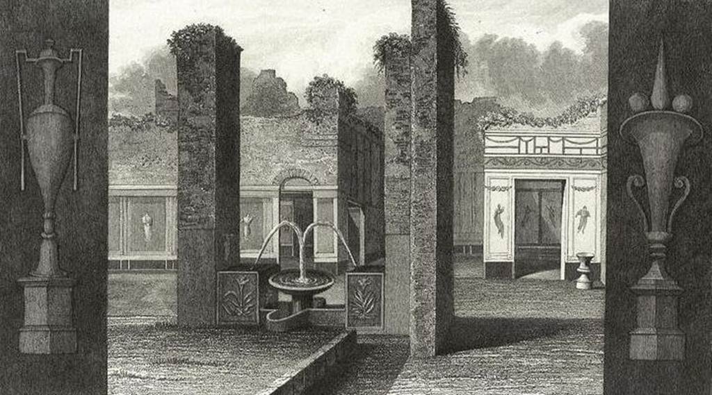 VI.8.20 Pompeii. Fountain in the fullery of L. Veranius Hypsaeus, drawing by Gell.
Between the two pillars at the south end of the east side of the portico there was a fountain.
This was unlike any other fountain found at Pompeii so far.
It consisted of a marble basin supported by a small, fluted pedestal which stood in a pool of unusual shape.
Water jetted from pipes (concealed in the projection �a low wall attached to each pillar) falling into the basin.
It then overflowed into the pool.
On the left pillar was a painting of a river god, on the opposite pillar a painting of standing female figure.
There was also a painting of Bacchus and of Apollo on the low walls flanking the pillars.
There was also a painting of an altar with two large serpents on one of the pillars.
On three sides of the corner (left) pillar was a remarkable series of four paintings which pictured in detail the various processes in the fulling industry.
See Jashemski, W. F., 1993. The Gardens of Pompeii, Volume II: Appendices. New York: Caratzas. (p.134, figs 145 to 148).
According to Kuivalainen � 
�On the south pillar, depictions of a fullonica (now in MANN). On the east wall, a young standing Bacchus with a panther.�
See Kuivalainen, I., 2021. The Portrayal of Pompeian Bacchus. Commentationes Humanarum Litterarum 140. Helsinki: Finnish Society of Sciences and Letters, p.96, B4, as well as p.111, C8 for another young Bacchus with a panther in the same area, on the same wall.
