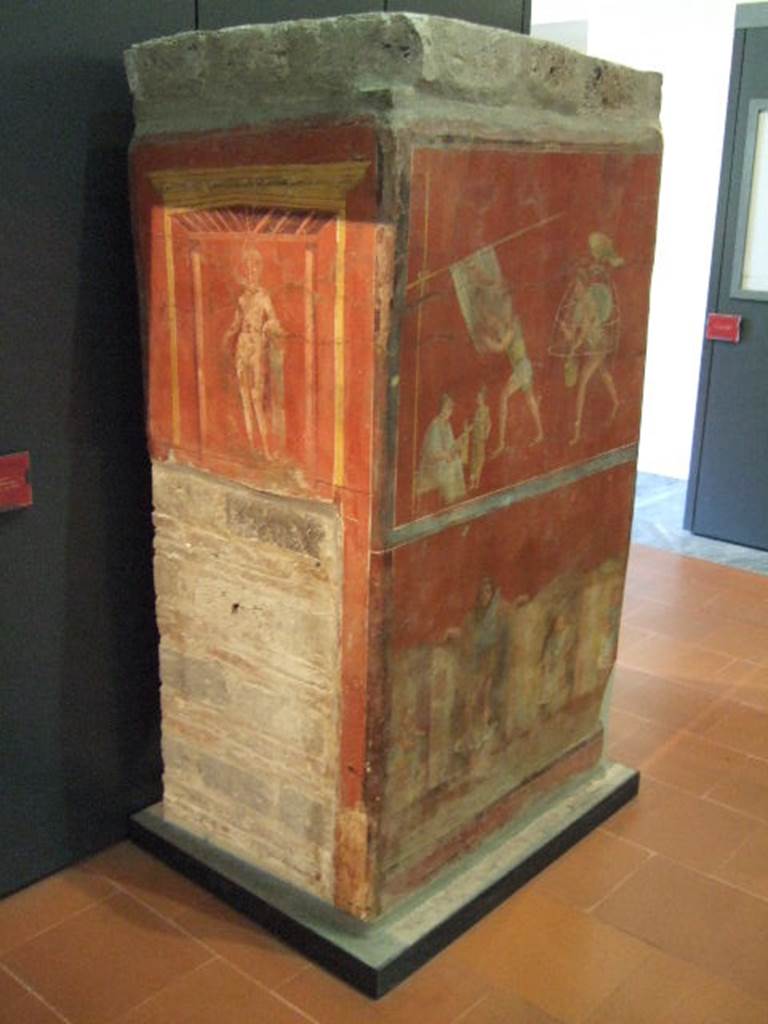 Pillar with fullonica scenes found in the Fullonica at VI.8.20, left hand side, and front of pillar. 
Now in Naples Archaeological Museum. Inventory number 9974.


