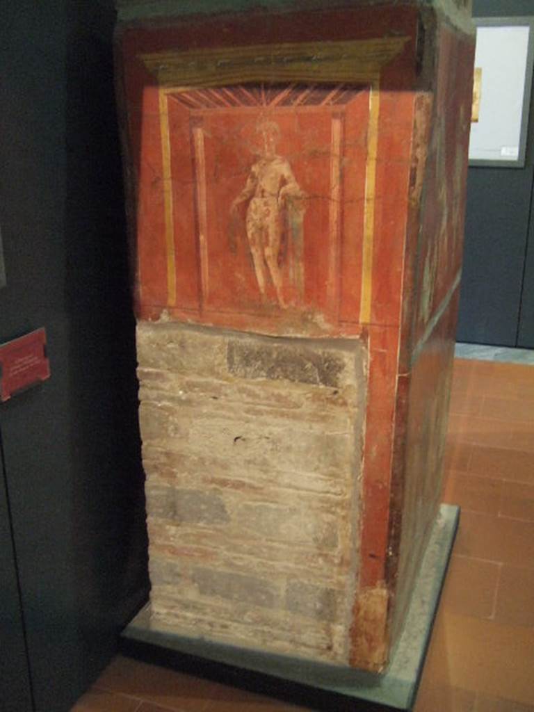 Left hand side of pillar with fullonica scenes, found in the Fullonica at VI.8.20.  Painted aedicula with painting of naked female figure, with crown. Her left elbow is leaning on a pillar and her right hand holds a corner of the fabric that hangs over her back. According to Helbig this is possibly Venus. Jashemski suggest that she is a water nymph typical of those found in later excavations. Now in Naples Archaeological Museum. Inventory number 9974.
See Helbig, W., 1868. Wandgem�lde der vom Vesuv versch�tteten St�dte Campaniens. Leipzig: Breitkopf und H�rtel. (1502). See Jashemski, W. F., 1993. The Gardens of Pompeii, Volume II: Appendices. New York: Caratzas. (p.134-5).